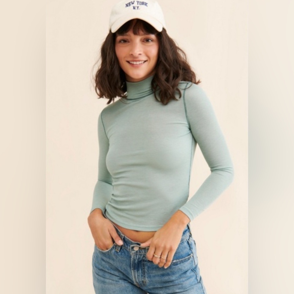 NEW! Madewell Women’s Light Green Mock Long Sleeve Sheer Tee, Size XXS